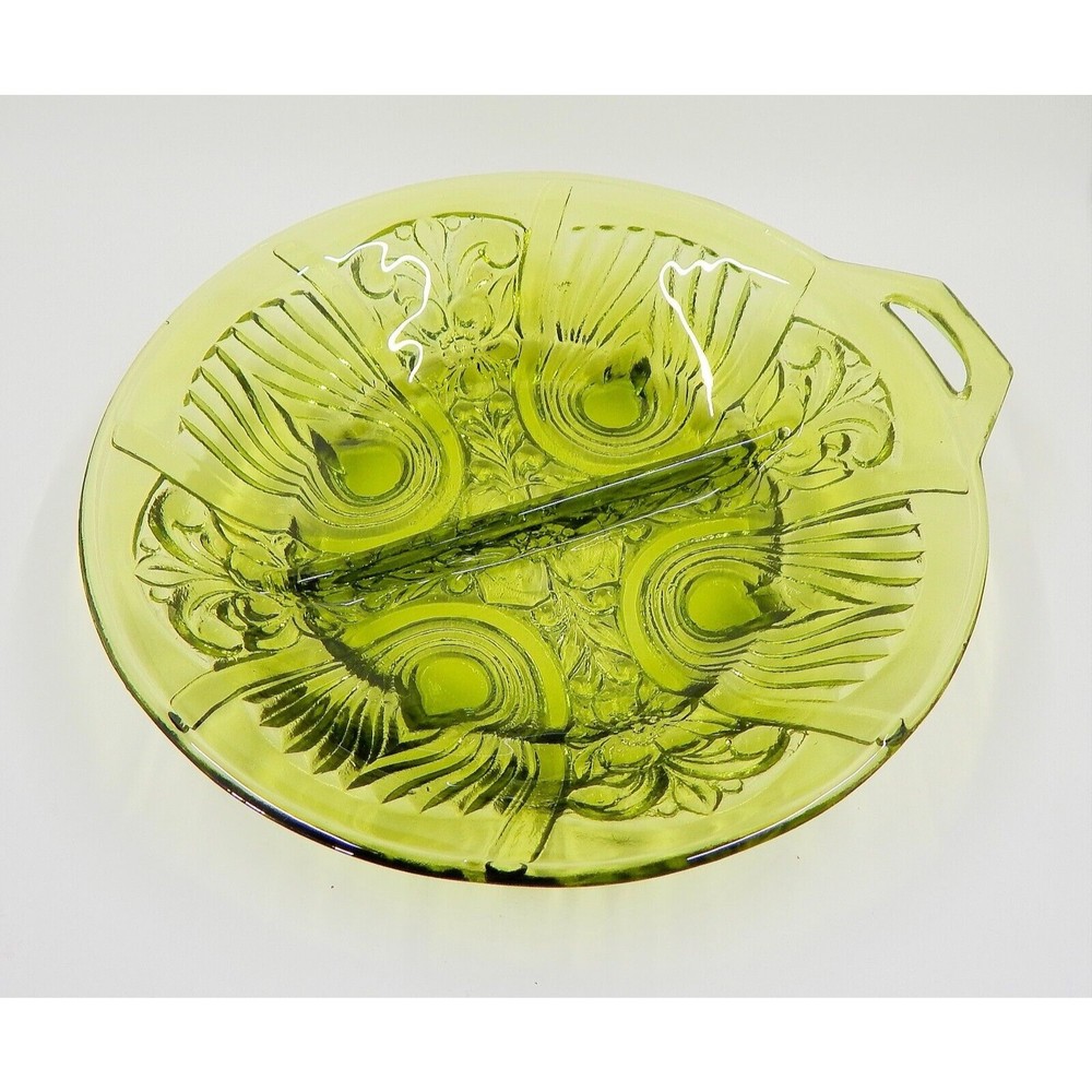 Indiana Glass Killarney Green Avocado Handled Divided Relish Candy Nut Dish